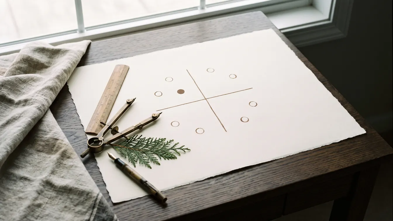 Hand-drawn positioning chart on cream paper with a brass compass, ruler, fountain pen and a sprig of cedar: brand strategy for businesses in Lebanon and the Gulf