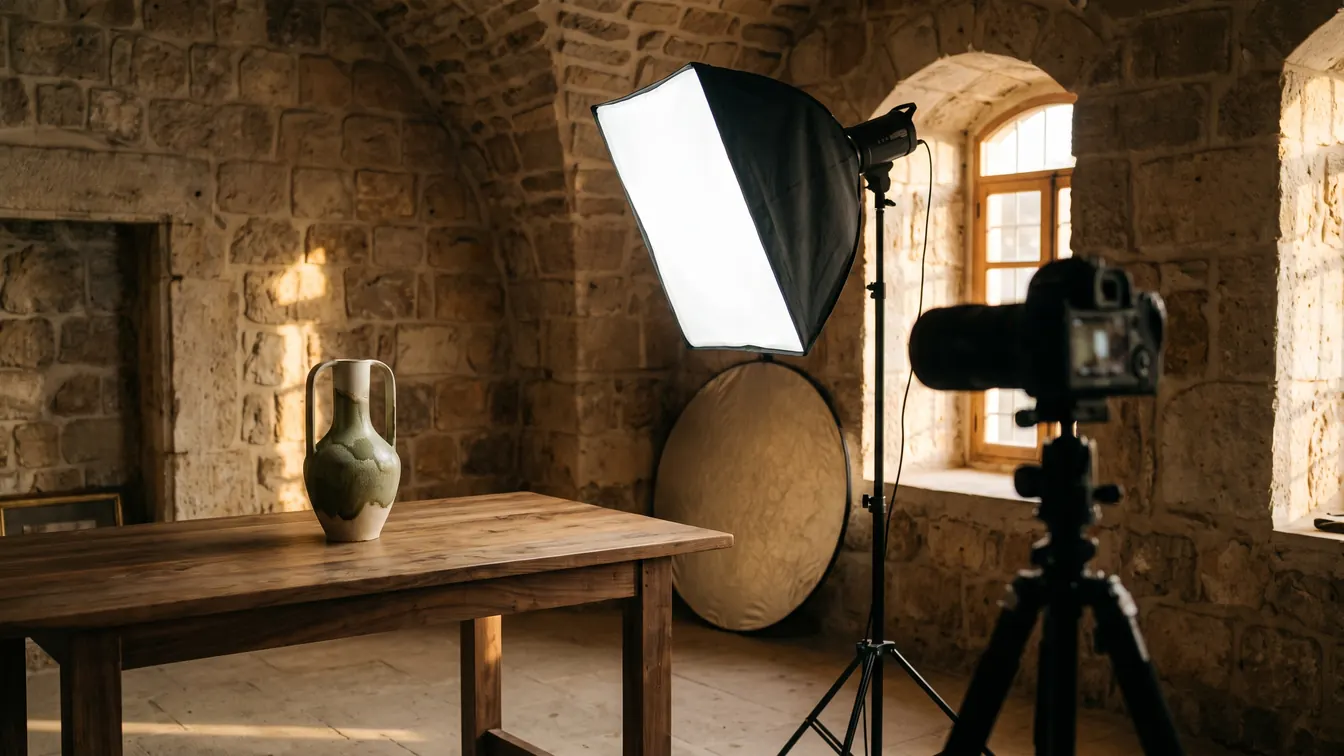 Product photography set in a vaulted Lebanese stone room: softbox, camera on a tripod and a ceramic vase on a walnut table, content creation for brands