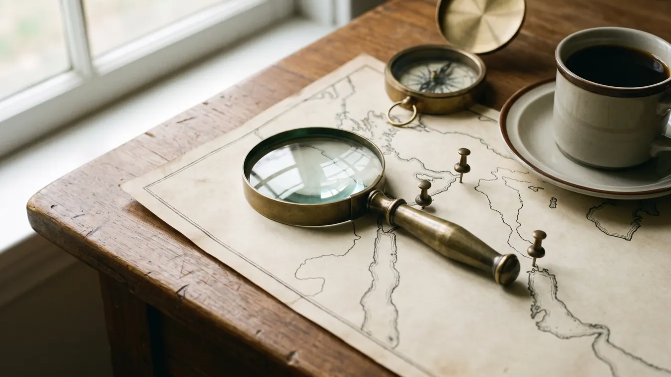 Brass magnifying glass and compass on a hand-drawn map of the Levant and the Gulf with bronze pins: SEO for businesses in Lebanon and the Gulf