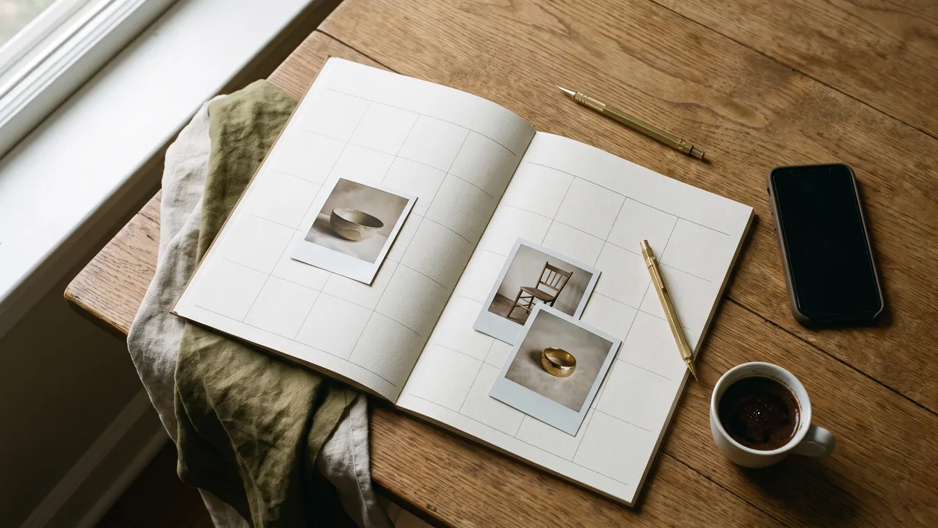 Open monthly content calendar with product photo prints, a brass pencil, a phone and Lebanese coffee on an oak table: social media management for brands in Lebanon and the Gulf