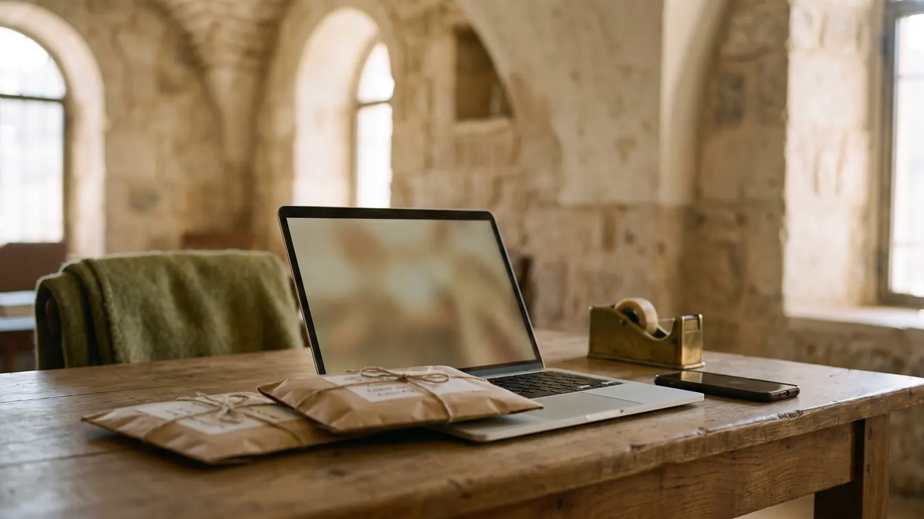 Laptop, kraft-paper parcels and a phone on an oak table in a vaulted stone room: web development and e-commerce for businesses in Lebanon and the Gulf