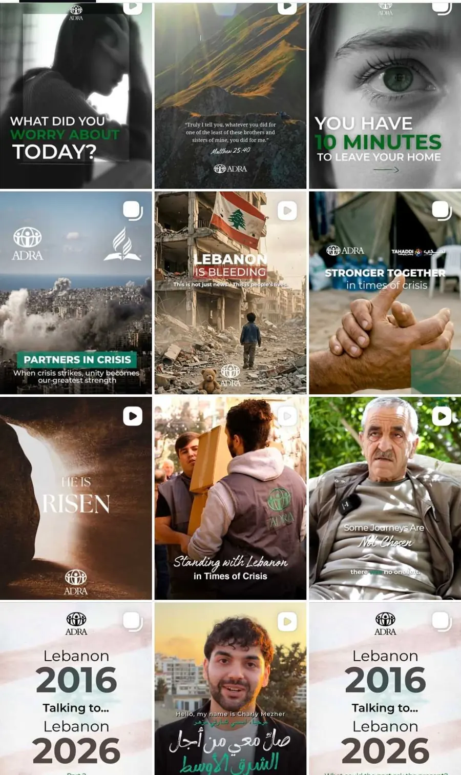ADRA Lebanon Instagram feed during the 2024 war: Lebanon is bleeding, Partners in crisis, Standing with Lebanon — humanitarian social media content by Good Timbers