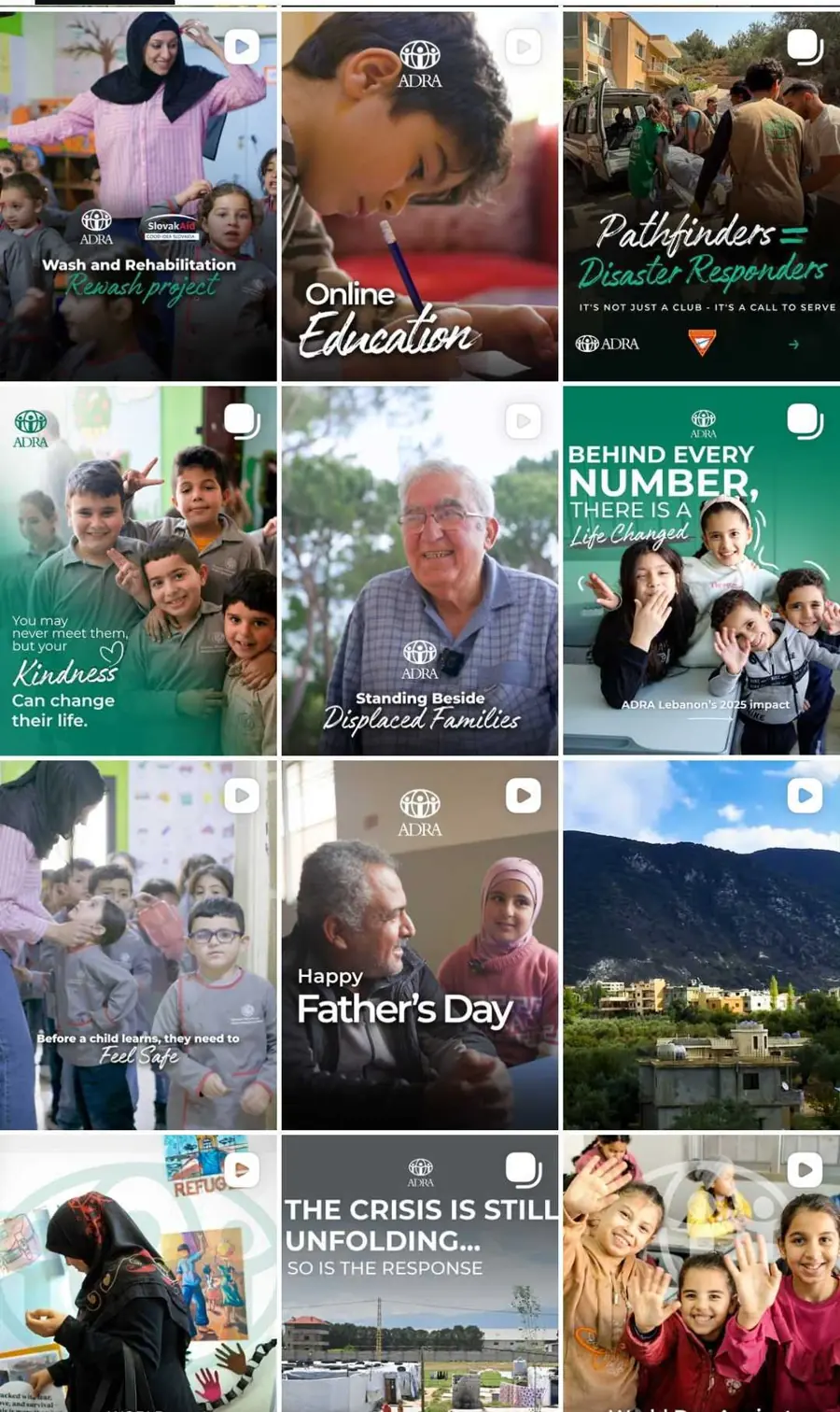 ADRA Lebanon Instagram feed: Rewash project, Online education, Behind every number there is a life changed — humanitarian content production Lebanon