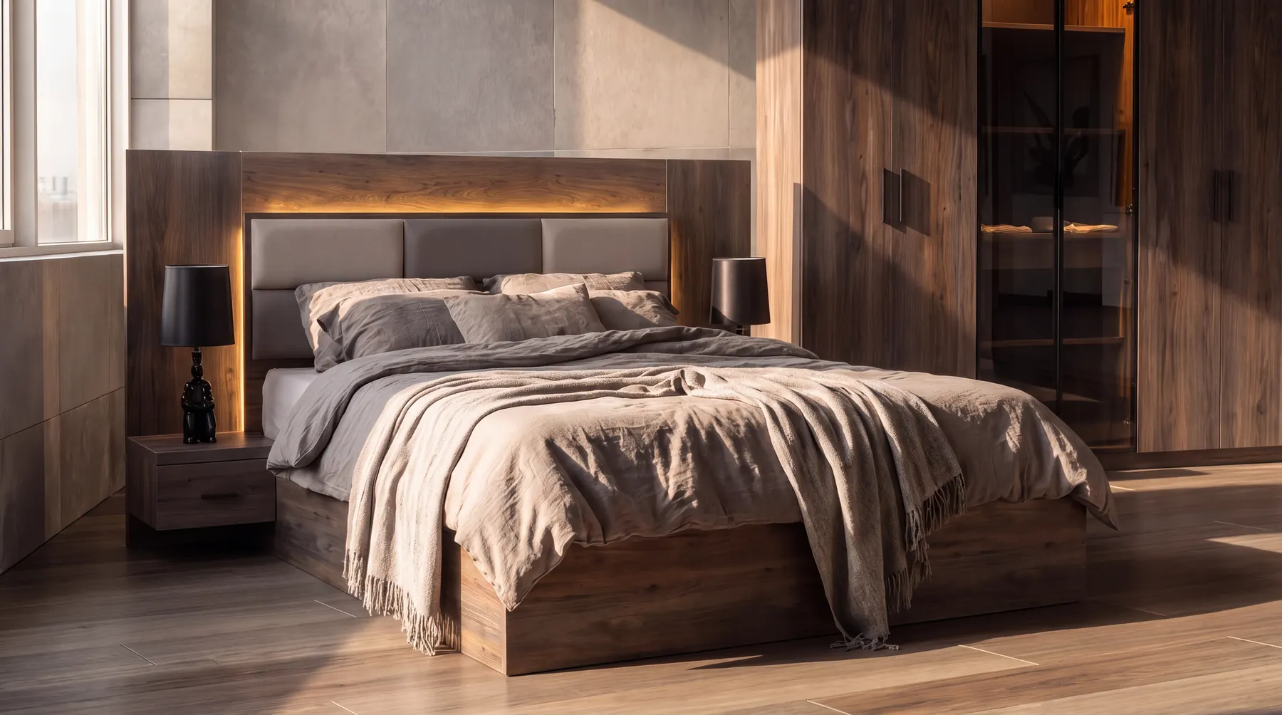 Citifurniture bedroom collection with backlit headboard — AI-assisted furniture photography, Lebanon
