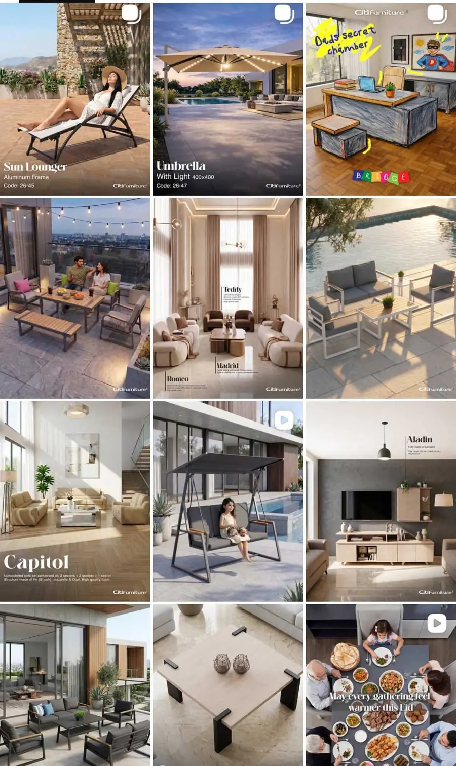 Citifurniture Instagram feed: outdoor collection, Teddy and Madrid sofas, Capitol set — furniture social media content Lebanon