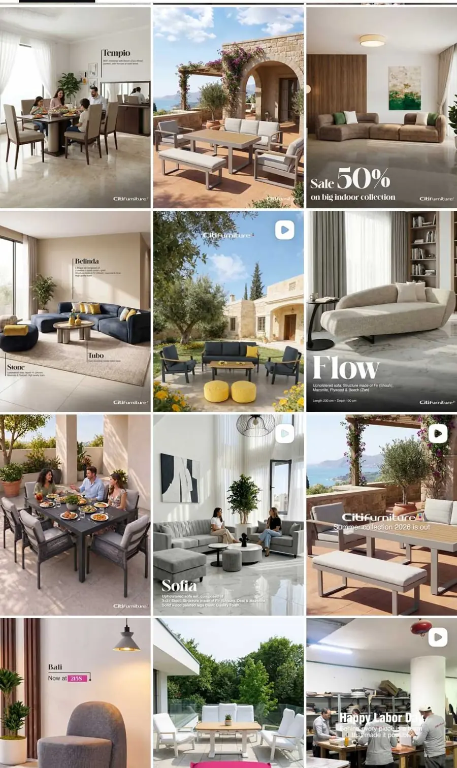 Citifurniture Instagram feed: Tempio dining, Flow sofa, Sofia set, summer collection 2026 — furniture marketing Lebanon