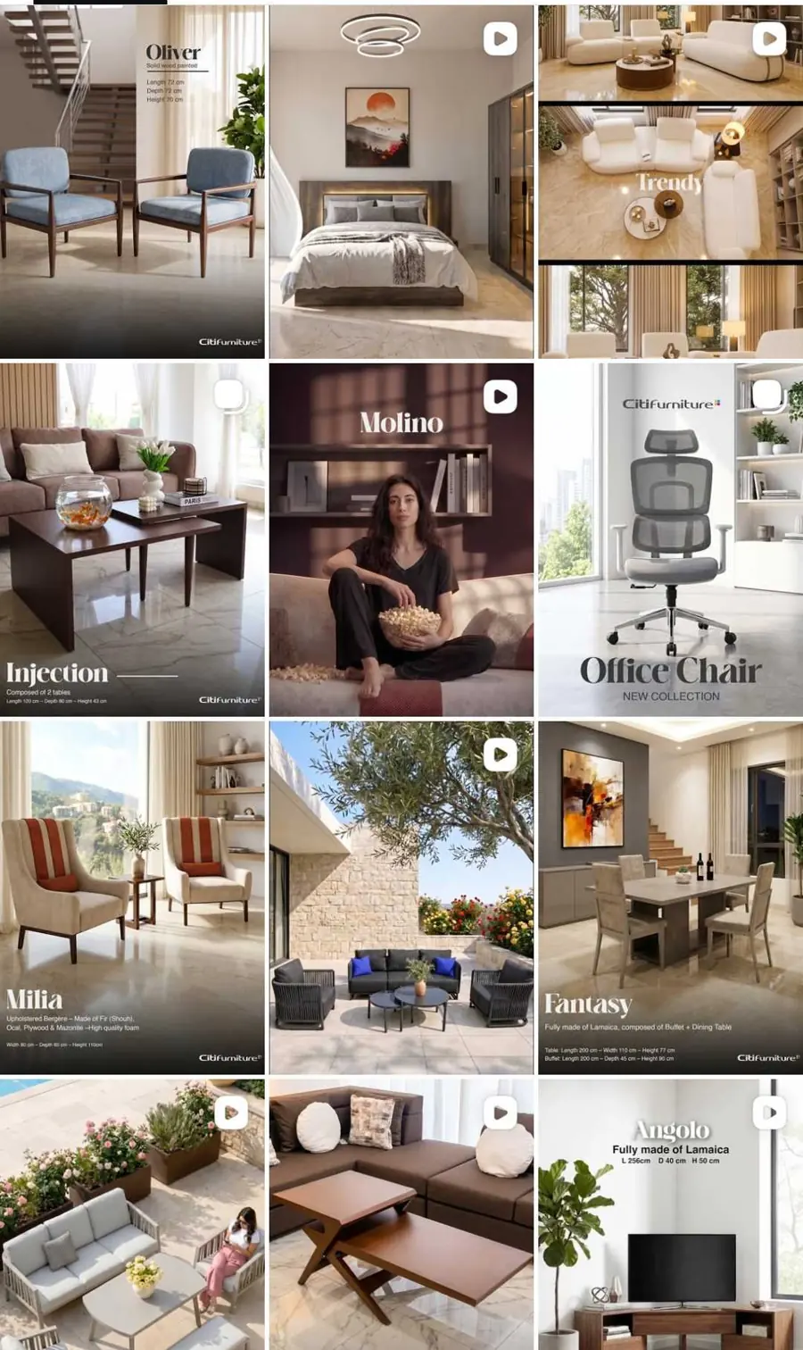 Citifurniture Instagram feed: Oliver chairs, Molino, office chairs, Milia and Fantasy — furniture content production Lebanon