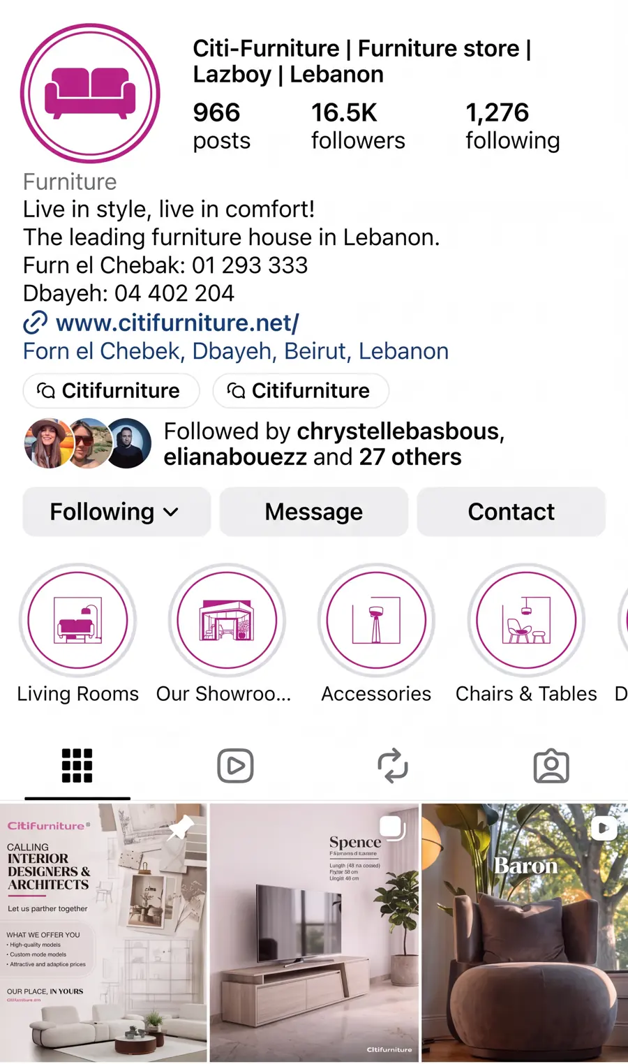 Citifurniture Instagram profile with 16.5K followers — furniture store social media management in Lebanon by Good Timbers