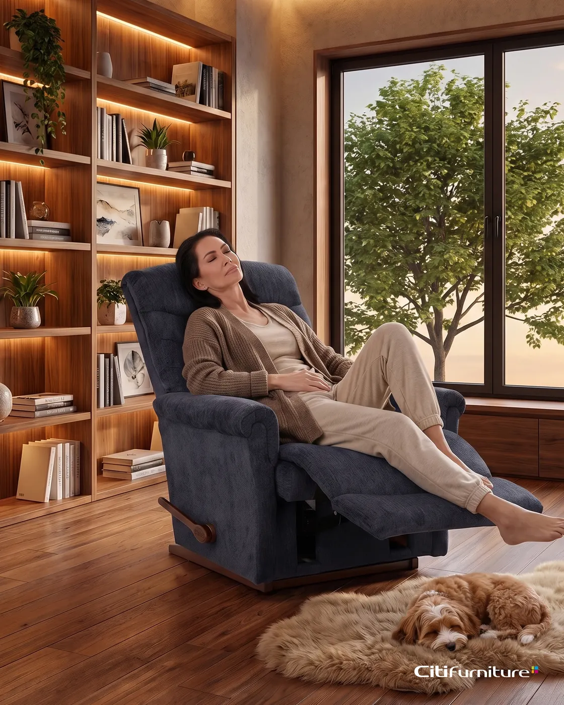La-Z-Boy recliner at Citifurniture Lebanon — woman resting in a navy recliner by a window
