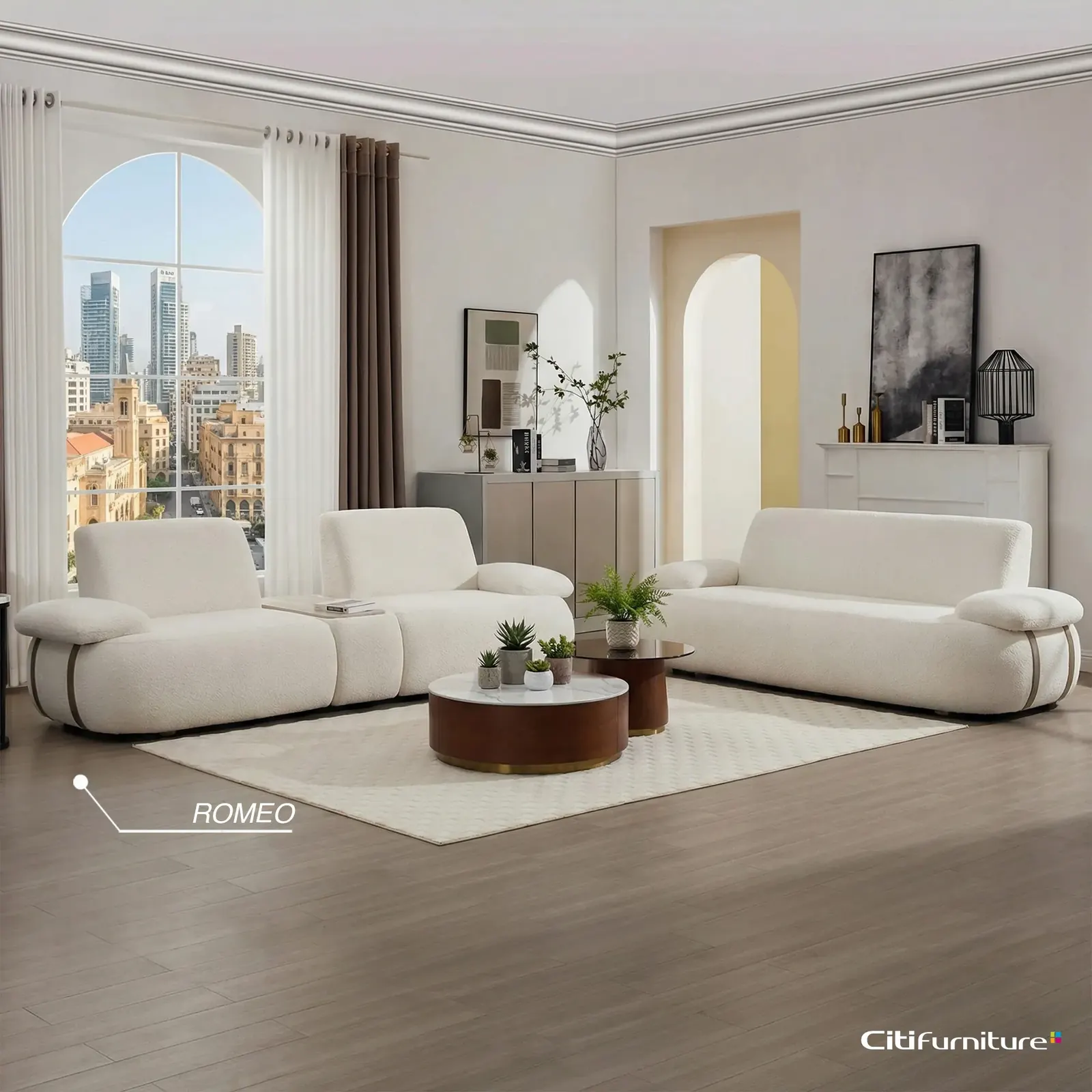 Romeo living room set by Citifurniture with a Beirut skyline view — furniture marketing and photography in Lebanon by Good Timbers