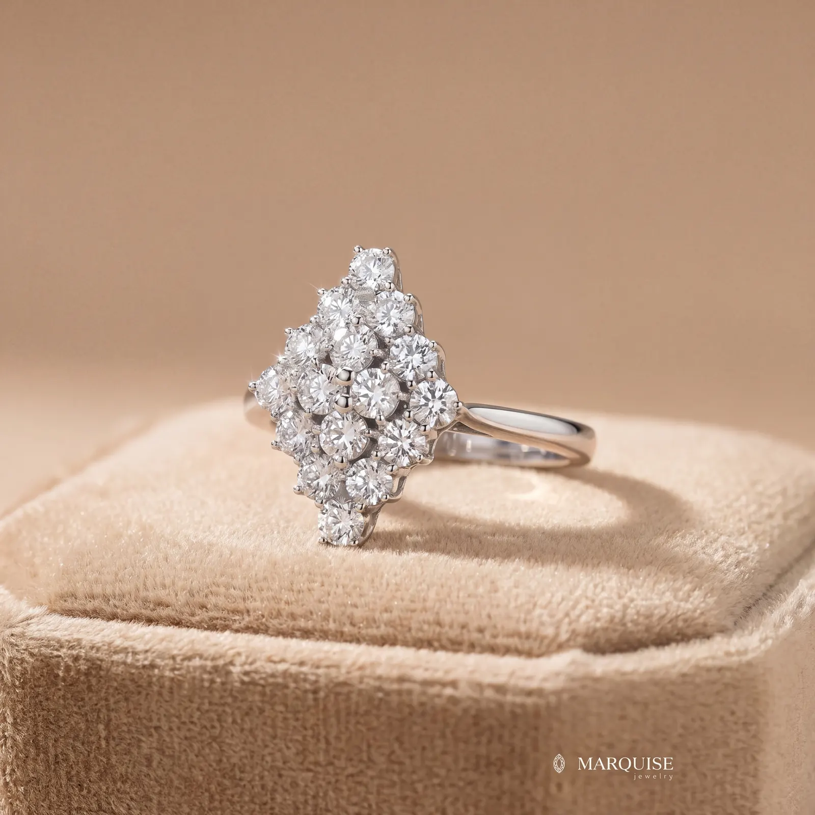 AI product photography: diamond cluster ring on a velvet ring box