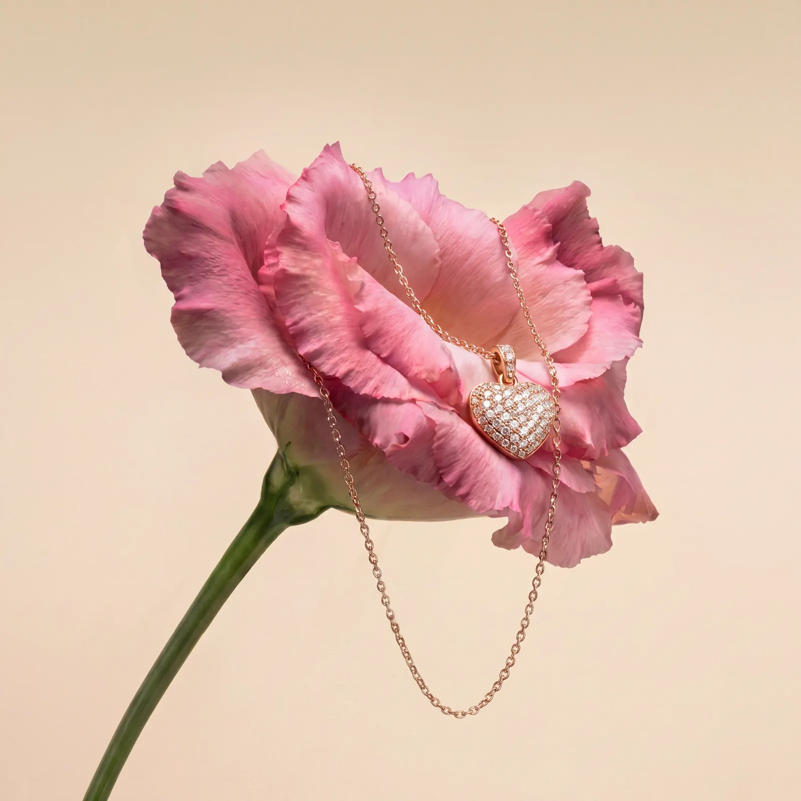AI jewelry photography: pink rose with pavé heart pendant