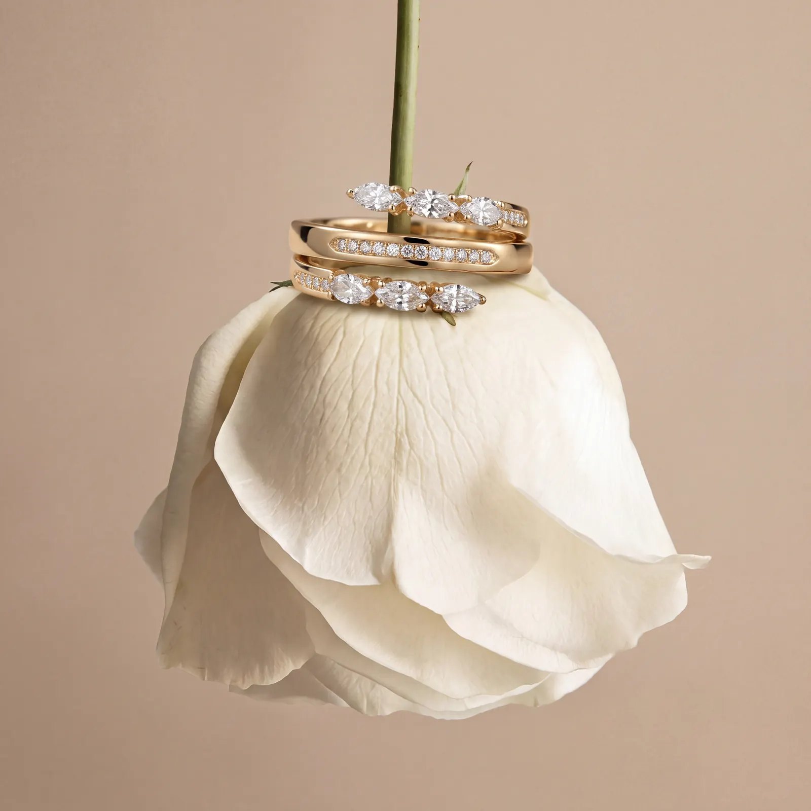 AI jewelry photography: white rose with marquise diamond rings
