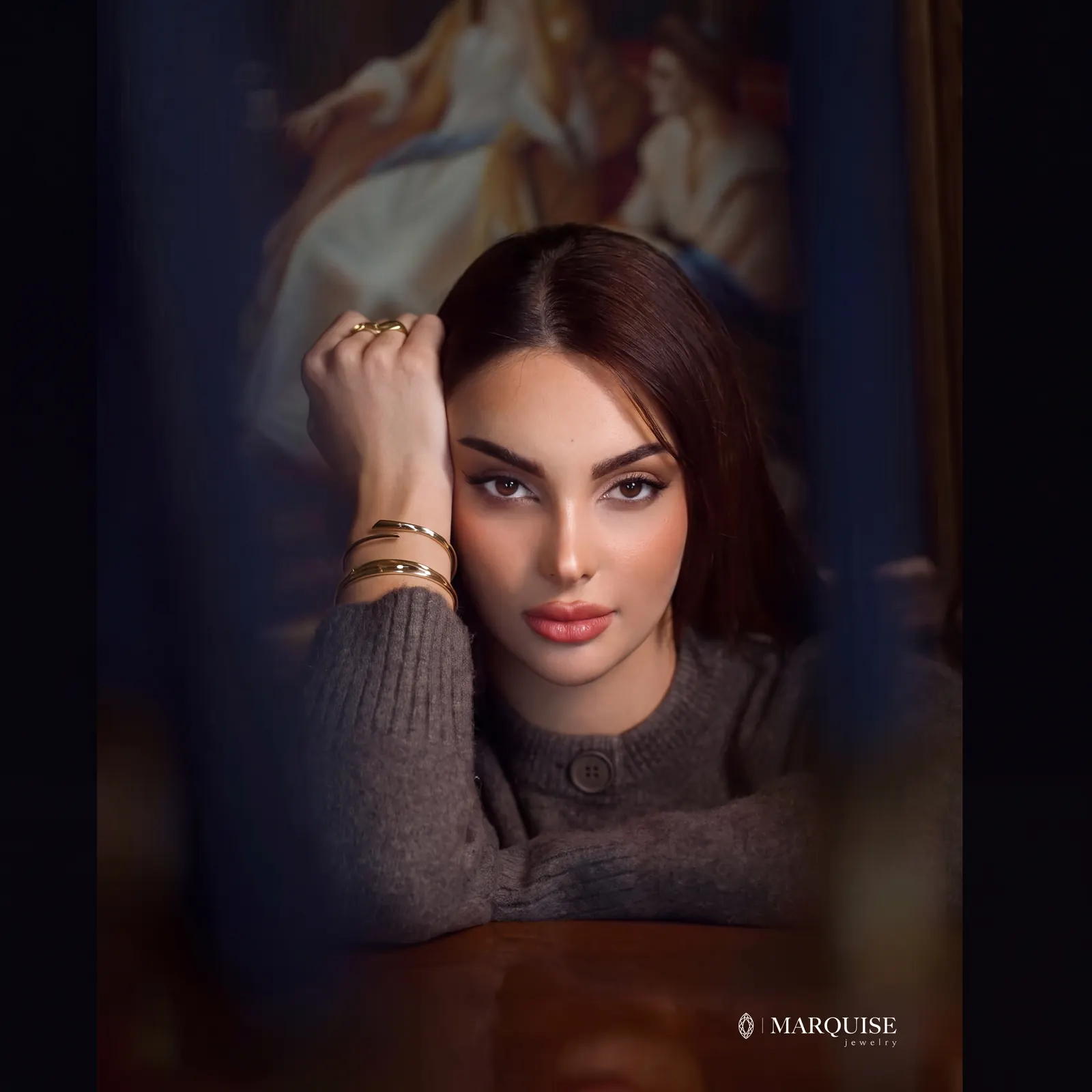 AI jewelry photoshoot: portrait with gold bracelets and rings for Marquise Jewelry, Lebanon