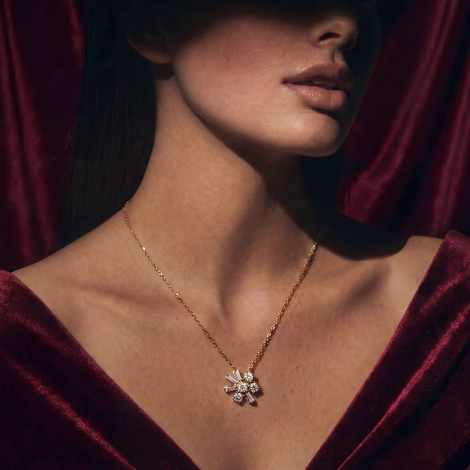 AI jewelry photography: diamond pendant on velvet, editorial style