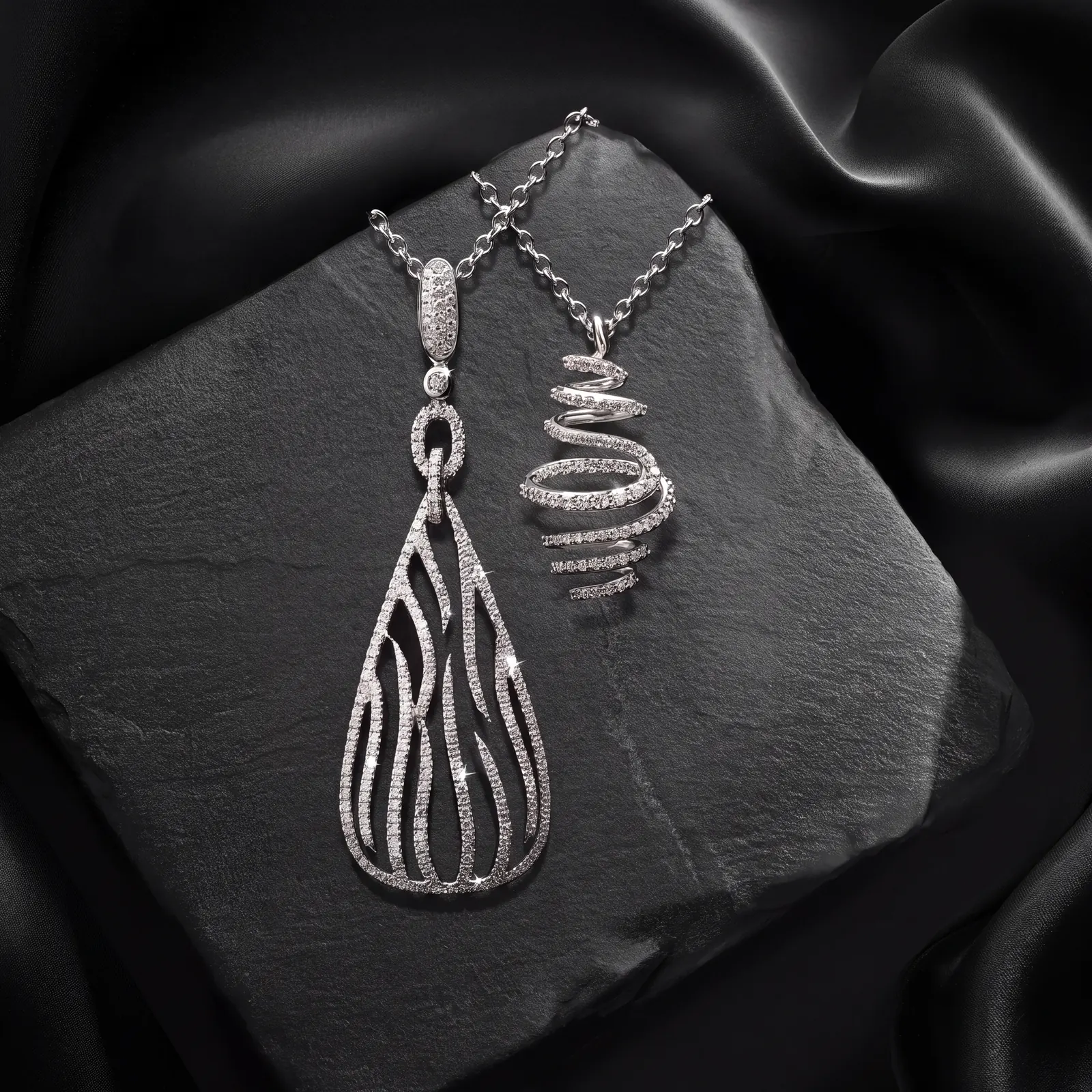 Diamond pendants on slate and silk — jewelry photography Lebanon