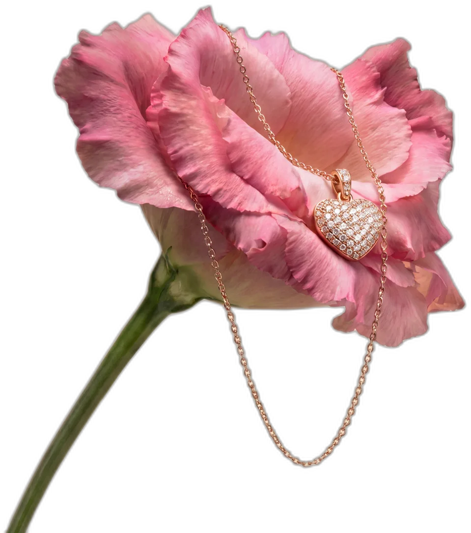 Pink rose with a pavé heart pendant — AI-assisted jewelry photography by Good Timbers