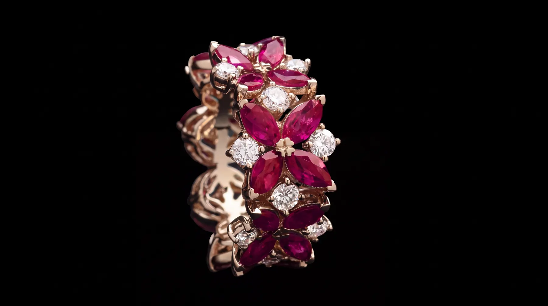 Ruby and diamond eternity ring on black — jewelry photography in Lebanon by Good Timbers for Marquise Jewelry