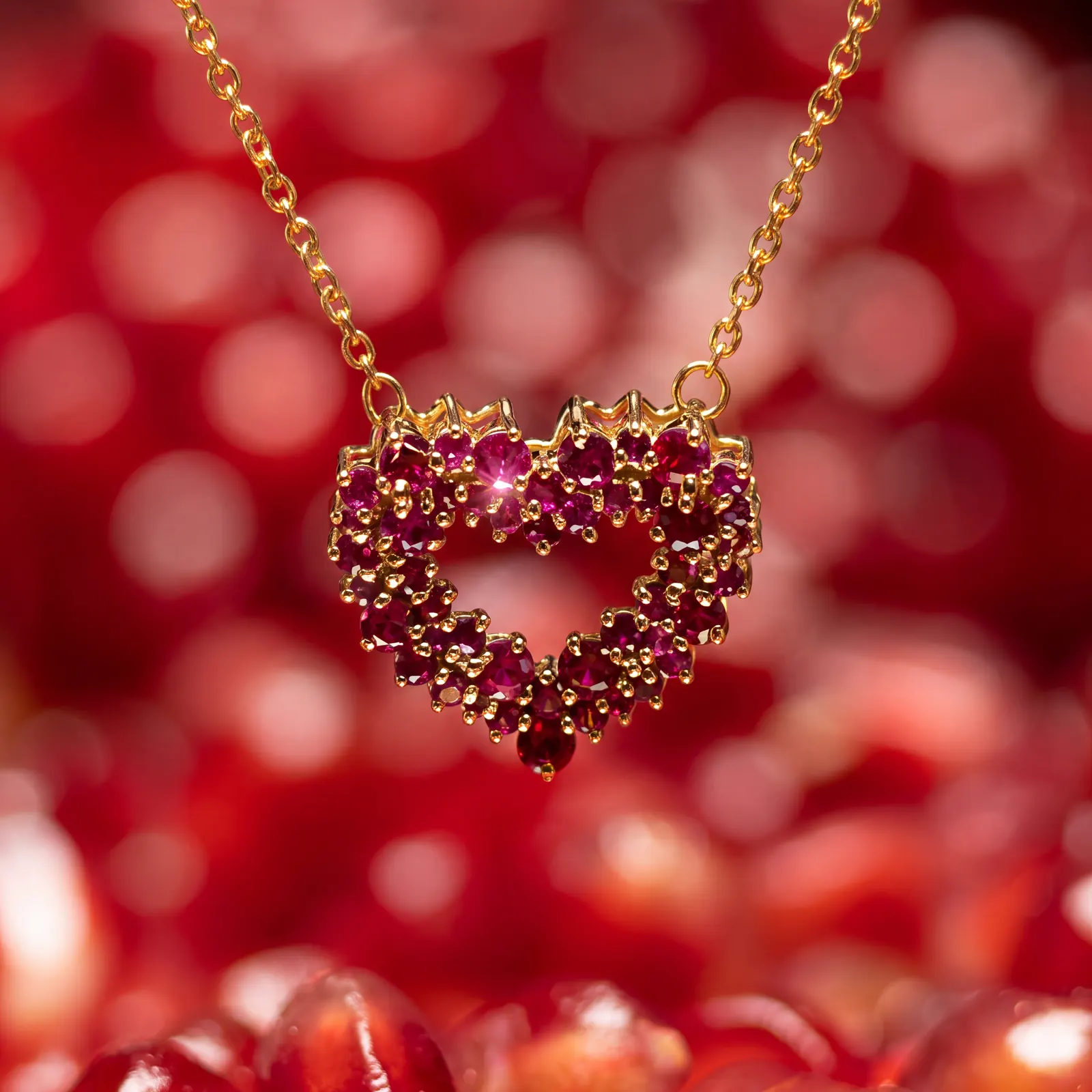 Ruby heart necklace over pomegranate seeds — creative jewelry photography